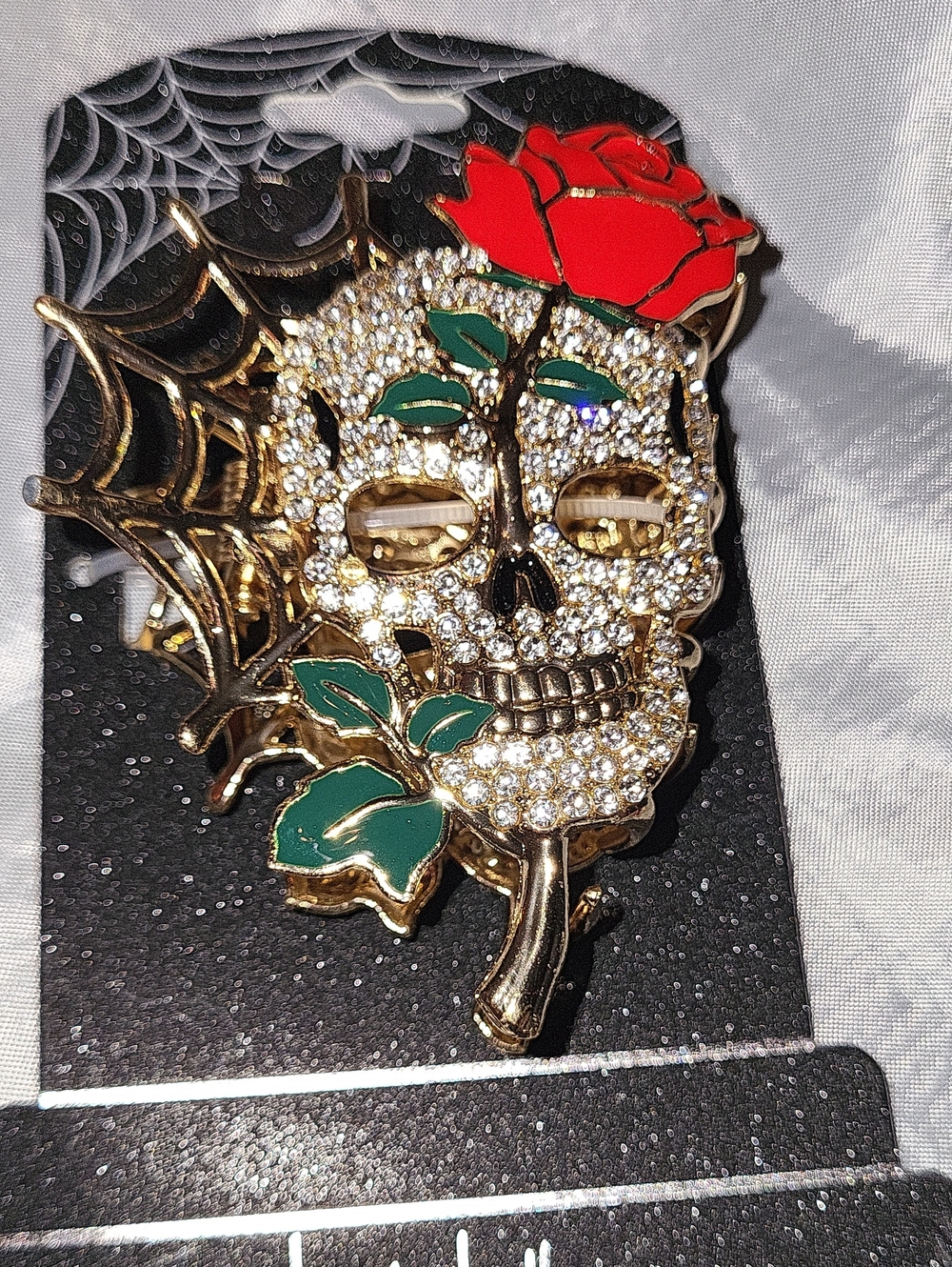 Nicole Miller Crystal Skull Hairclip with Red Rose and Spider Web La